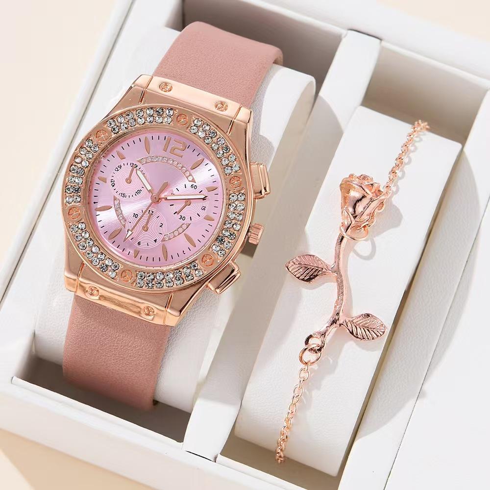 Gold chain and watch - Luxury Women Fashion Elegant Wristwatch With Flower Bracelet Quartz Watch Set for Gift
