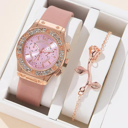 Gold chain and watch - Luxury Women Fashion Elegant Wristwatch With Flower Bracelet Quartz Watch Set for Gift