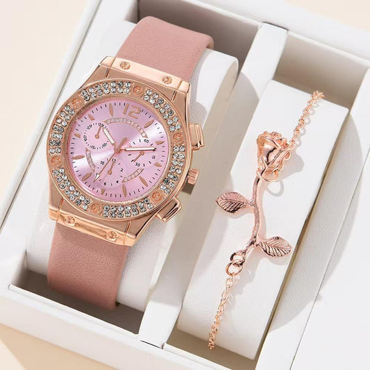 Gold chain and watch - Luxury Women Fashion Elegant Wristwatch With Flower Bracelet Quartz Watch Set for Gift