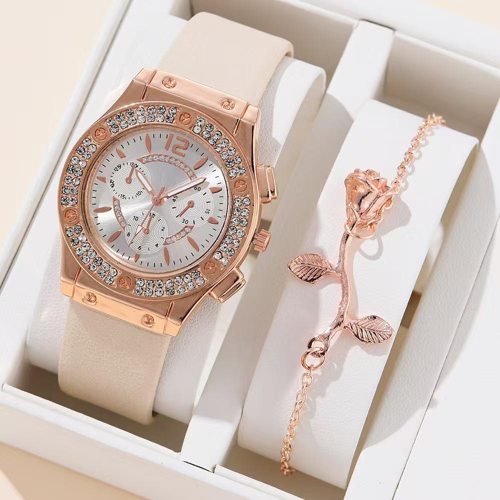 Gold chain and watch - Luxury Women Fashion Elegant Wristwatch With Flower Bracelet Quartz Watch Set for Gift