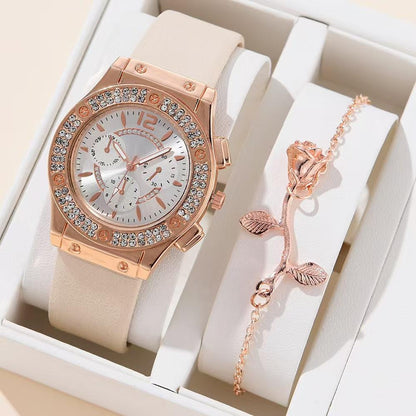 Gold chain and watch - Luxury Women Fashion Elegant Wristwatch With Flower Bracelet Quartz Watch Set for Gift
