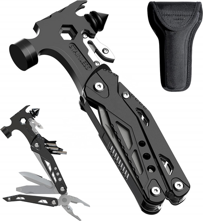 16-in-1 Industrial Grade Portable Hammer Multi Tool Aluminum OEM Hiking Folding Blades Screwdrivers Pliers Hunting EDC Cool