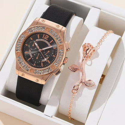 Gold chain and watch - Luxury Women Fashion Elegant Wristwatch With Flower Bracelet Quartz Watch Set for Gift