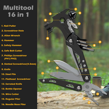 16-in-1 Industrial Grade Portable Hammer Multi Tool Aluminum OEM Hiking Folding Blades Screwdrivers Pliers Hunting EDC Cool