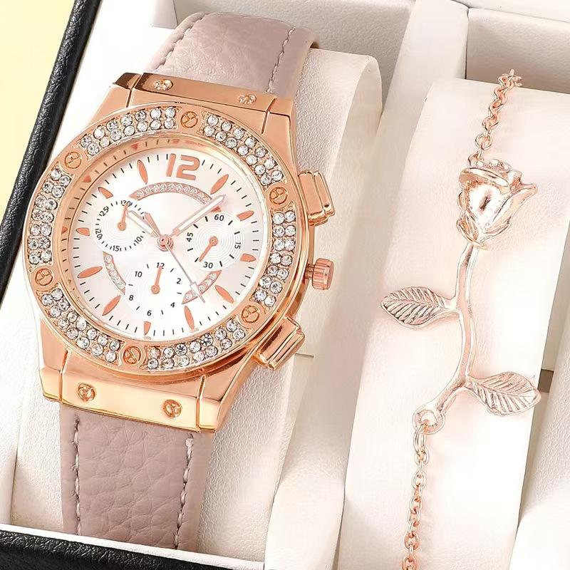 Gold chain and watch - Luxury Women Fashion Elegant Wristwatch With Flower Bracelet Quartz Watch Set for Gift
