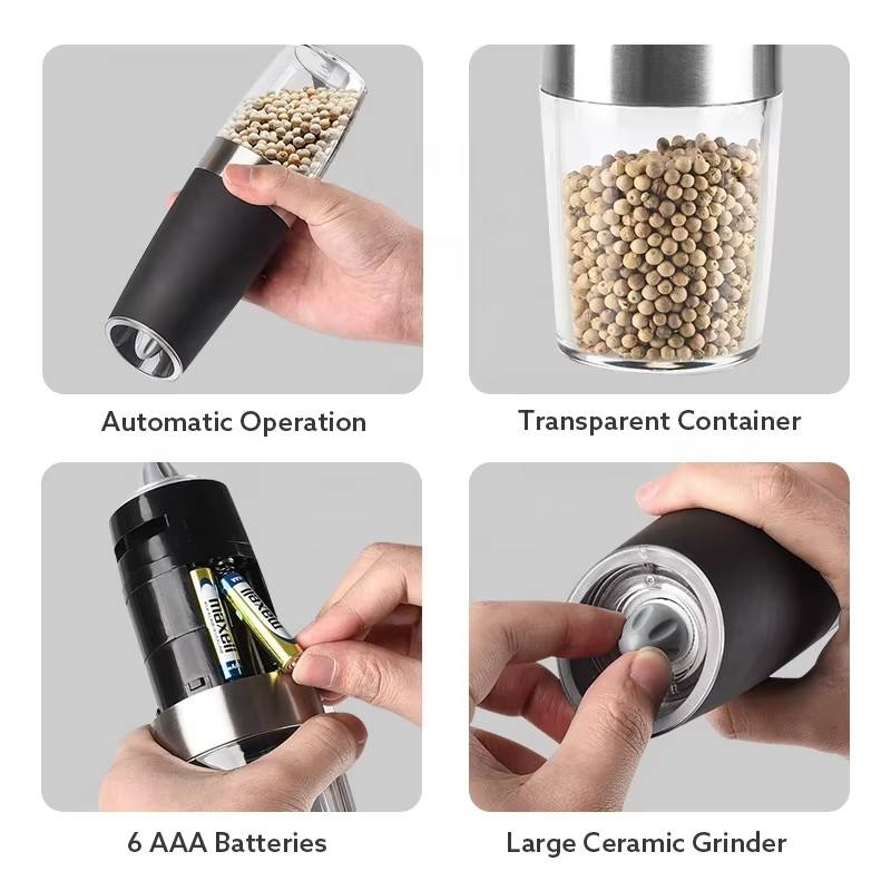 Wholesale Electric ABS Portable Gravity Salt Pepper Mill with LED Light Automatic Pepper Mill
