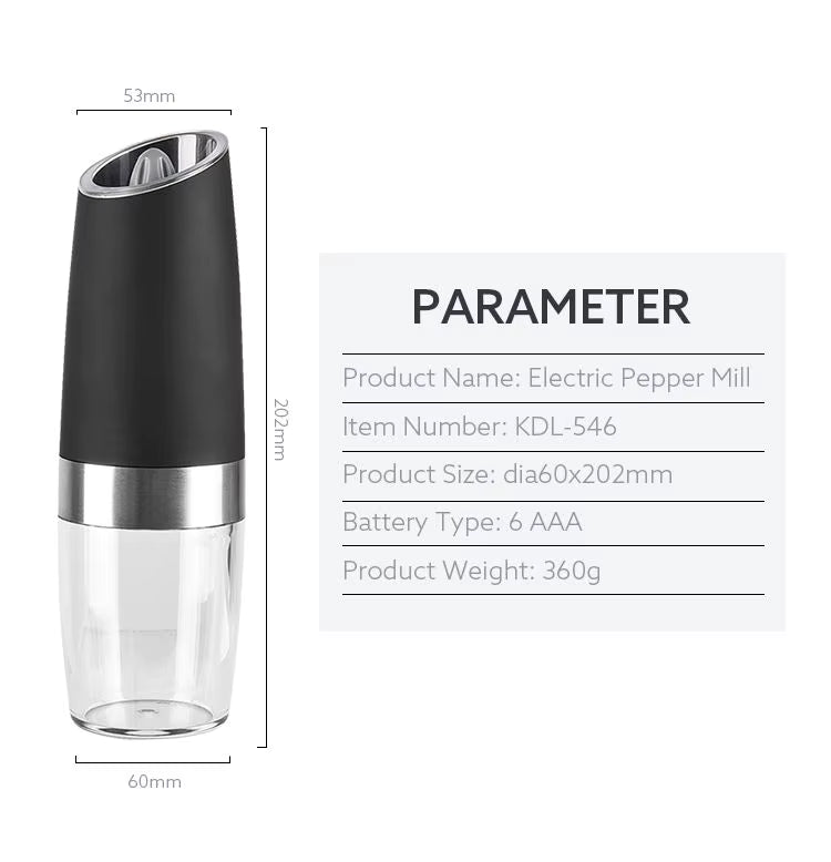 Wholesale Electric ABS Portable Gravity Salt Pepper Mill with LED Light Automatic Pepper Mill