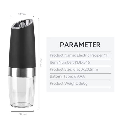Wholesale Electric ABS Portable Gravity Salt Pepper Mill with LED Light Automatic Pepper Mill